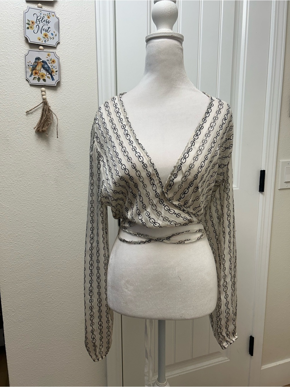 Cream Chain-Print Wrap Blouse